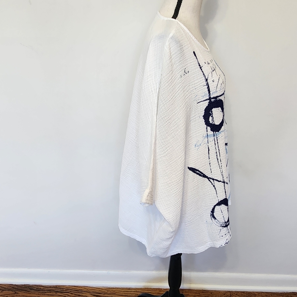 Jess & Jane Gauzy Boxy Balboa Tunic Top White Black Blue Cotton Circles Lines L - Picture 4 of 13